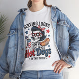 Hot Dogs Tee — "Serving Looks" Patriotic Skeleton BBQ T-Shirt