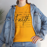 Faith Words T‑Shirt — Inspirational Christian Tee with 'Faith' Script and Motivational Background Text