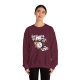 Crewneck Sweatshirt — "Time to Wake Up and Live" Alarm Clock Graphic