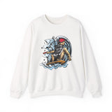 Surfer Skeleton Crewneck Sweatshirt – Retro Skull Wave Surfing Graphic