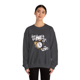 Crewneck Sweatshirt — "Time to Wake Up and Live" Alarm Clock Graphic