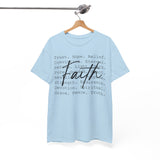 Faith Words T‑Shirt — Inspirational Christian Tee with 'Faith' Script and Motivational Background Text
