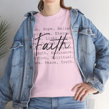 Faith Words T‑Shirt — Inspirational Christian Tee with 'Faith' Script and Motivational Background Text