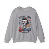 Crewneck Sweatshirt - "Serving Looks, Hot Dogs in That Order" Patriotic Skull Graphic