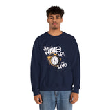 Crewneck Sweatshirt — "Time to Wake Up and Live" Alarm Clock Graphic