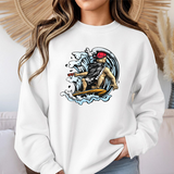 Surfer Skeleton Crewneck Sweatshirt – Retro Skull Wave Surfing Graphic