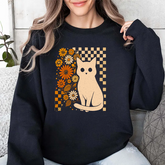 Cat & Retro Daisies Crewneck Sweatshirt