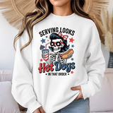 Crewneck Sweatshirt - "Serving Looks, Hot Dogs in That Order" Patriotic Skull Graphic