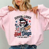 Crewneck Sweatshirt - "Serving Looks, Hot Dogs in That Order" Patriotic Skull Graphic