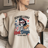 Crewneck Sweatshirt - "Serving Looks, Hot Dogs in That Order" Patriotic Skull Graphic
