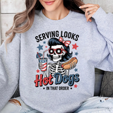Crewneck Sweatshirt - "Serving Looks, Hot Dogs in That Order" Patriotic Skull Graphic