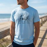 Faith Words T‑Shirt — Inspirational Christian Tee with 'Faith' Script and Motivational Background Text