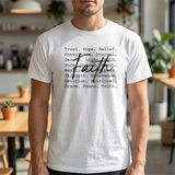 Faith Words T‑Shirt — Inspirational Christian Tee with 'Faith' Script and Motivational Background Text