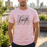 Faith Words T‑Shirt — Inspirational Christian Tee with 'Faith' Script and Motivational Background Text