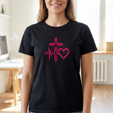 Faith & Heart T‑Shirt — Cross, Heartbeat & Heart Graphic Tee