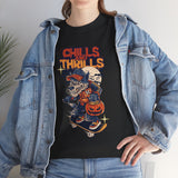 Halloween Skateboard Tee, Chills and Thrills Graphic T-Shirt, Unisex Cotton Shirt, Fall Fashion, Halloween Costume, Gift for Skaters