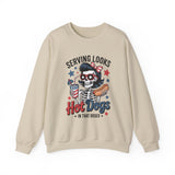 Crewneck Sweatshirt - "Serving Looks, Hot Dogs in That Order" Patriotic Skull Graphic