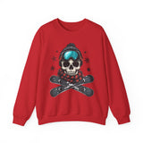 Skull Snowboard Crewneck Sweatshirt – Ski Skull with Goggles & Crossed Snowboards