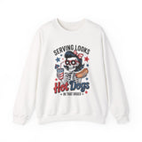 Crewneck Sweatshirt - "Serving Looks, Hot Dogs in That Order" Patriotic Skull Graphic