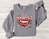 Crewneck Sweatshirt — Red Grin Graphic "Words Are" Streetwear