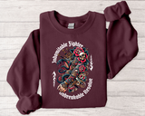 Crewneck Sweatshirt — "Indomitable Fighters, Unbreakable Resolve" Floral Skull Graphic