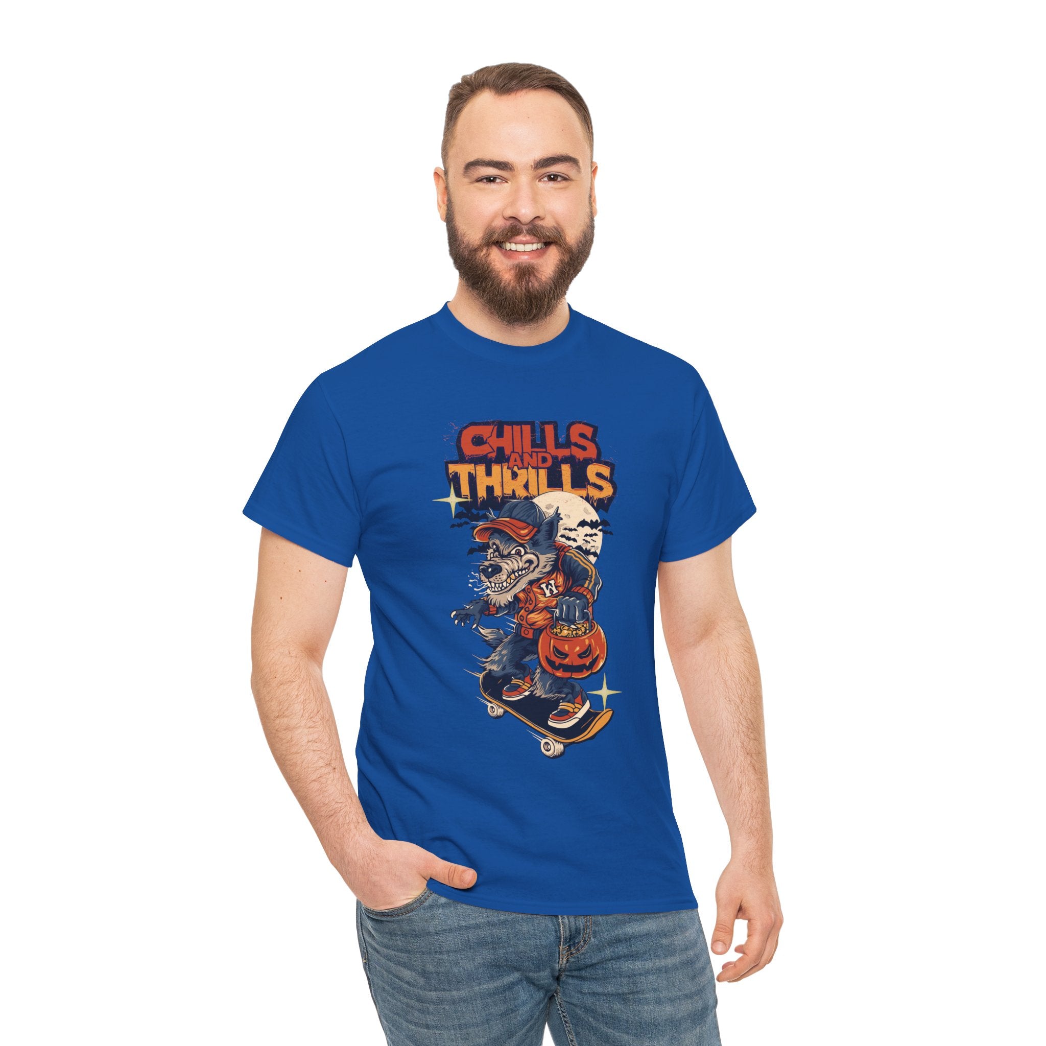 Halloween Skateboard Tee, Chills and Thrills Graphic T-Shirt, Unisex Cotton Shirt, Fall Fashion, Halloween Costume, Gift for Skaters