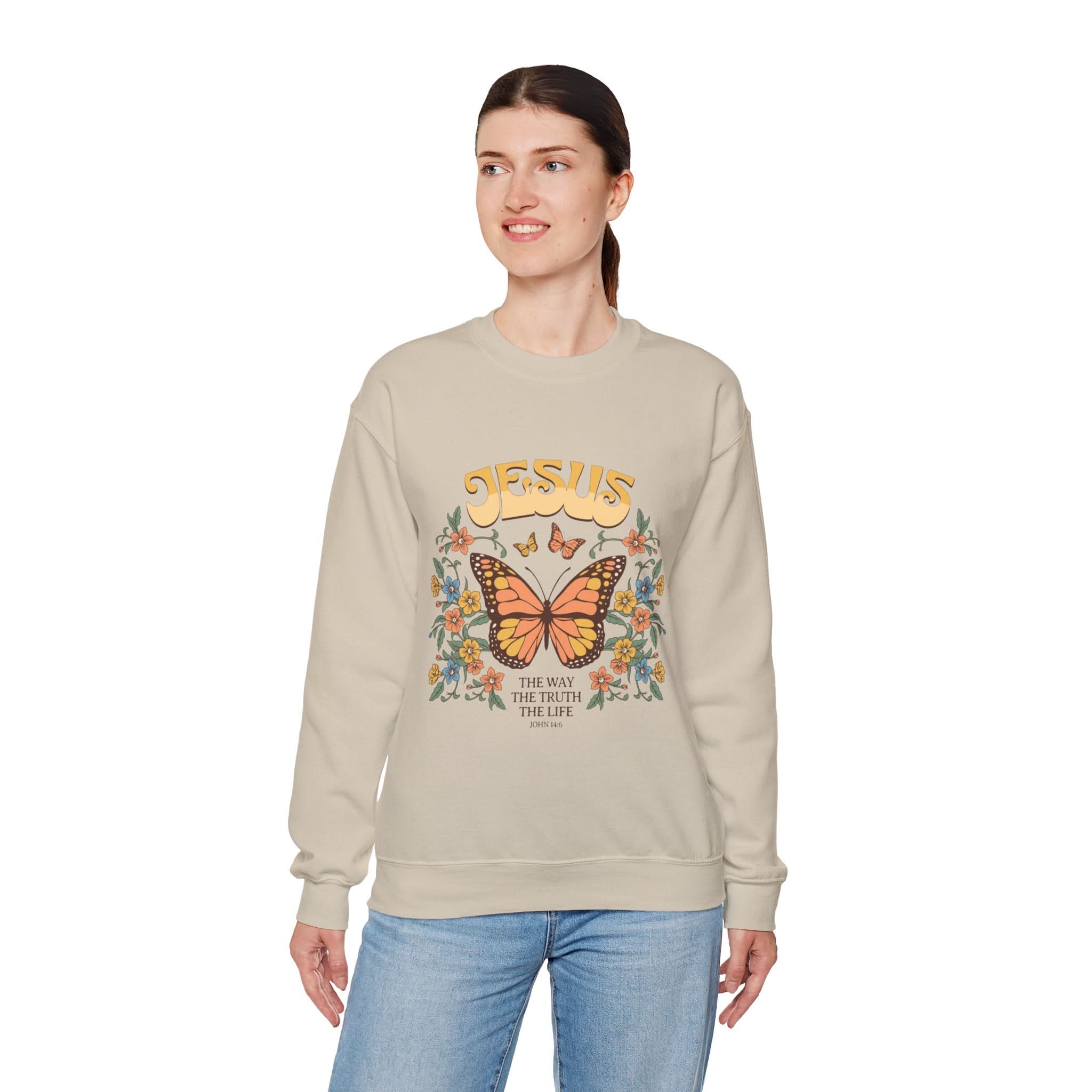 Butterfly Jesus Sweatshirt - Cozy Biblical Crewneck, Faith-Inspired Gift, Spiritual Apparel, Religious Fashion, Perfect for Everyday Use