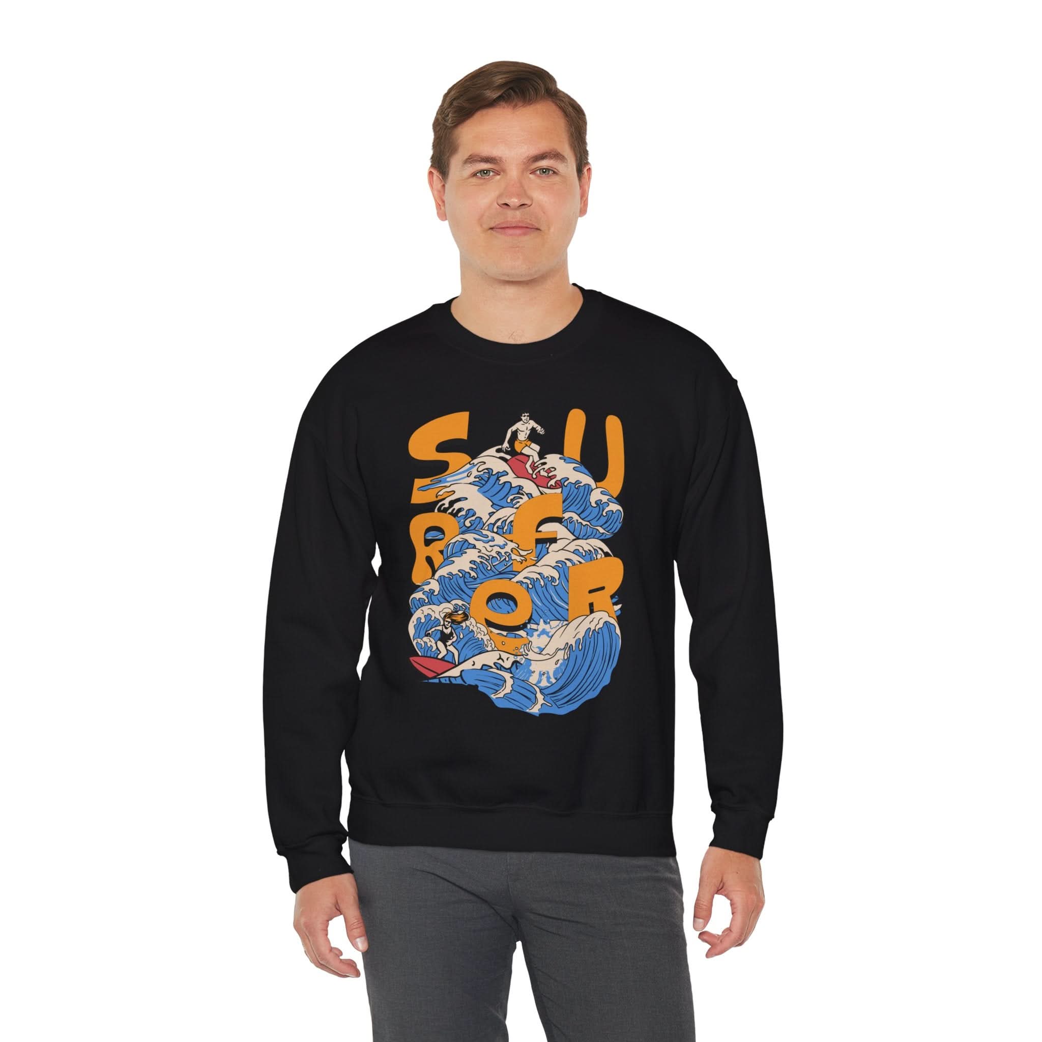 Surf-Inspired Unisex Crewneck Sweatshirt, Cozy Beachwear, Casual Ocean Vibe, Perfect for Surfing Lovers, Gift for Ocean Enthusiasts