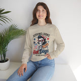 Crewneck Sweatshirt - "Serving Looks, Hot Dogs in That Order" Patriotic Skull Graphic