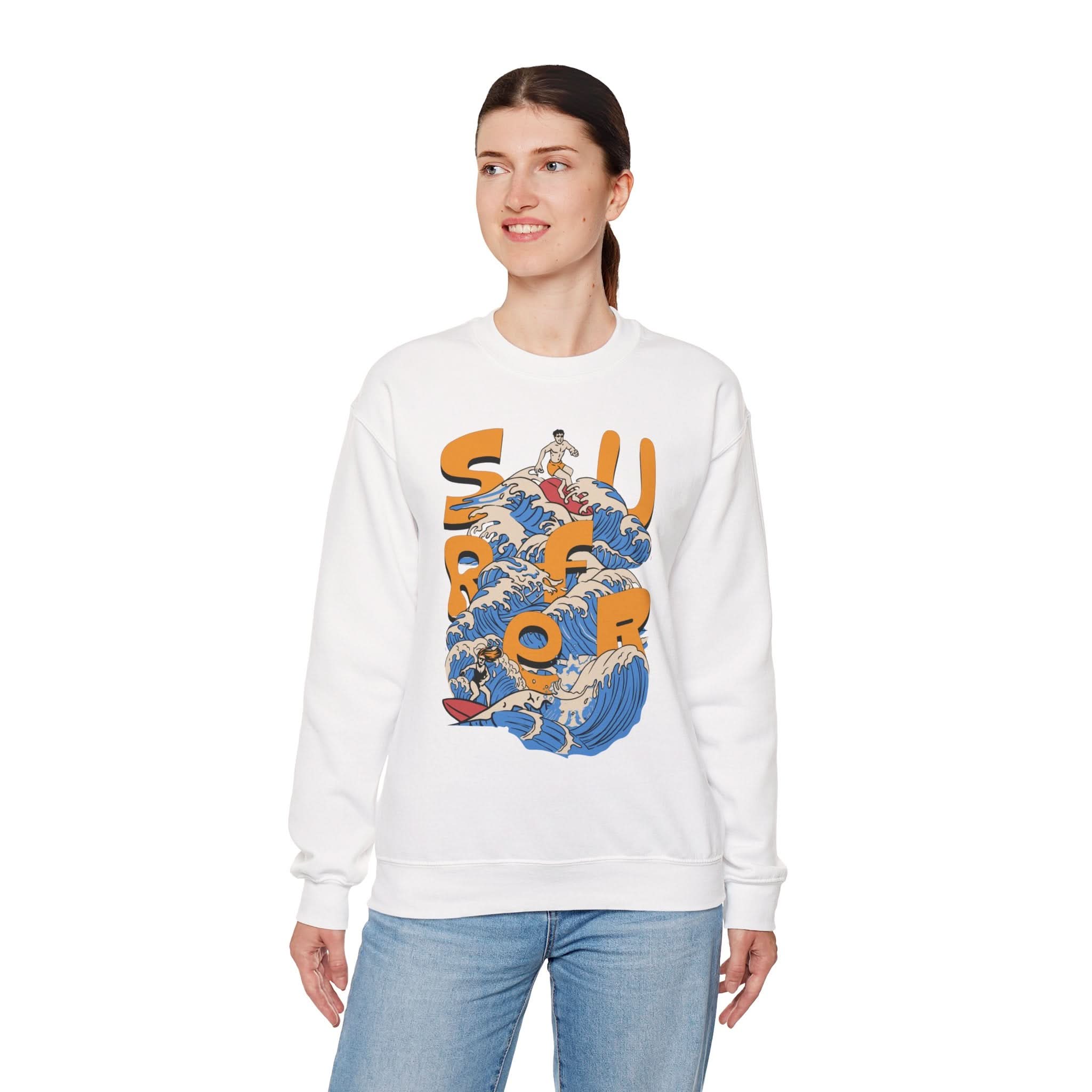Surf-Inspired Unisex Crewneck Sweatshirt, Cozy Beachwear, Casual Ocean Vibe, Perfect for Surfing Lovers, Gift for Ocean Enthusiasts