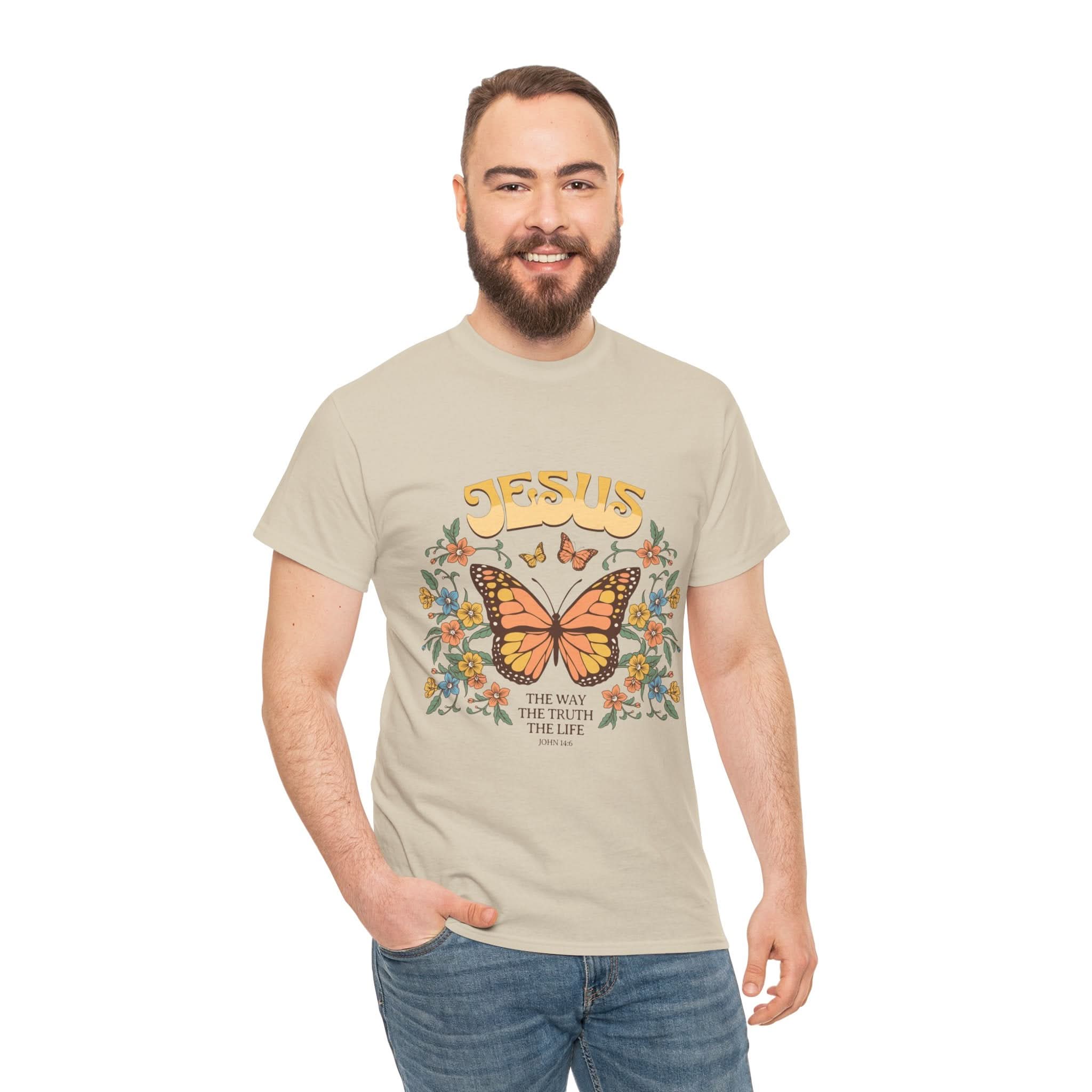 Bohemian Jesus Tee, Vintage Butterfly T-Shirt, Spiritual Apparel, Faith-based Graphic Tee, Unisex Heavy Cotton Shirt
