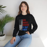 Crewneck Sweatshirt — "God, Family, Country. In That Order." Patriotic American Flag Design