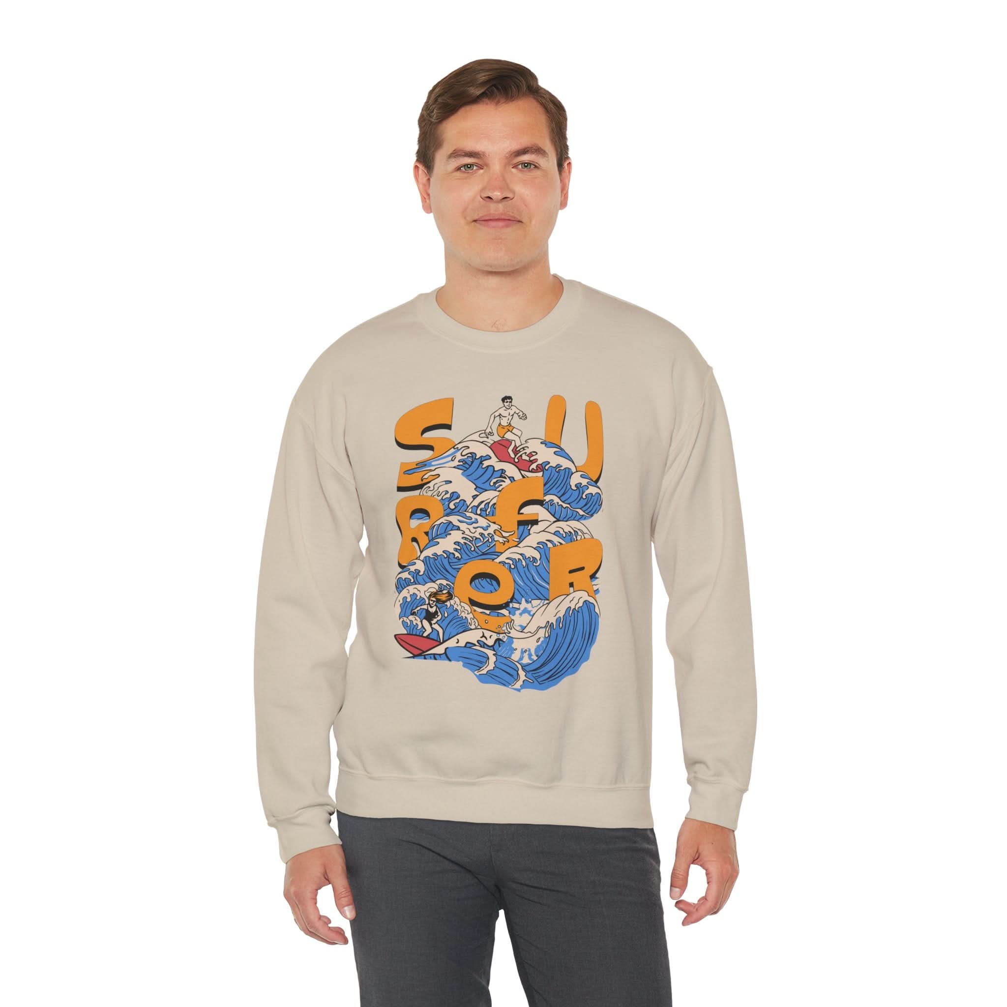 Surf-Inspired Unisex Crewneck Sweatshirt, Cozy Beachwear, Casual Ocean Vibe, Perfect for Surfing Lovers, Gift for Ocean Enthusiasts