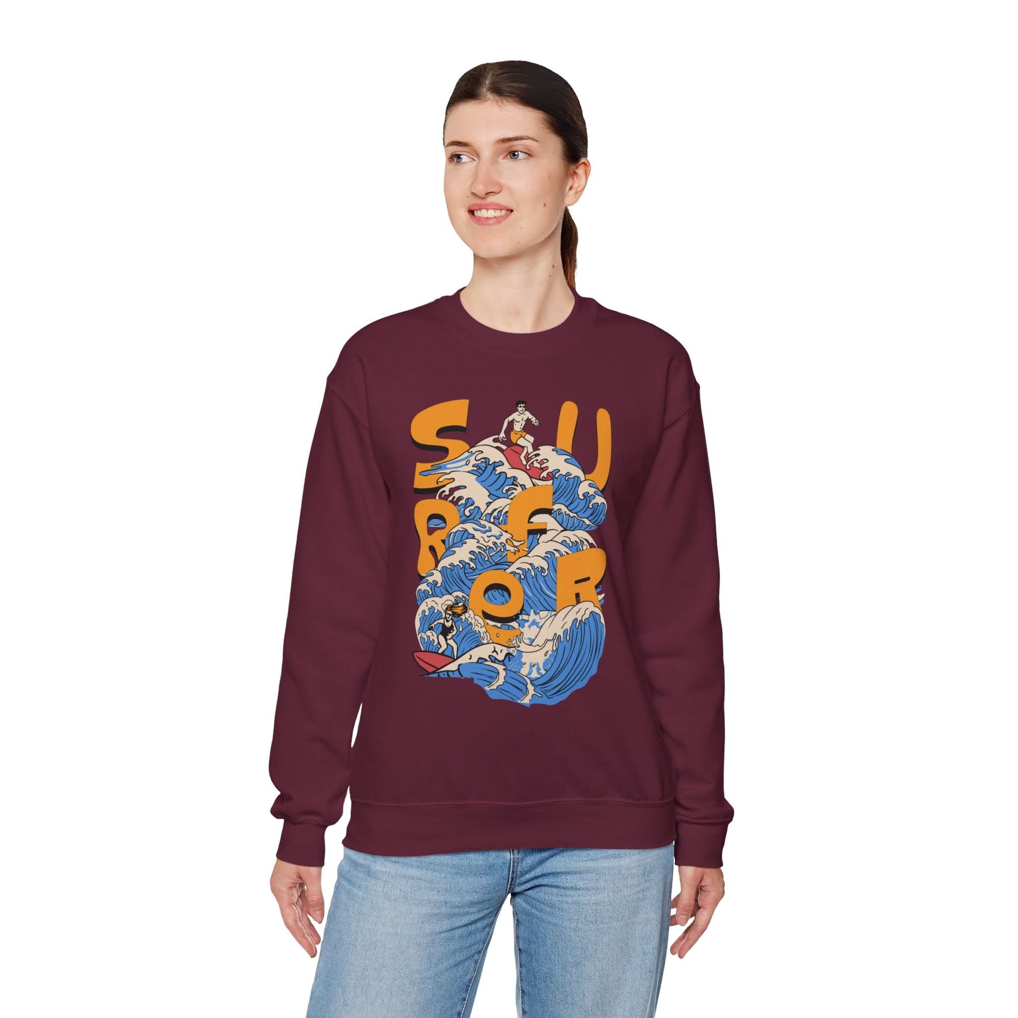 Surf-Inspired Unisex Crewneck Sweatshirt, Cozy Beachwear, Casual Ocean Vibe, Perfect for Surfing Lovers, Gift for Ocean Enthusiasts