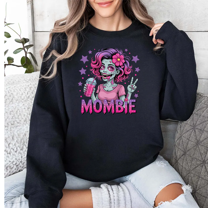 Funny Mombie Sweatshirt | Zombie Mom Halloween Crewneck | Tired Mother Graphic Pullover | Cute Spooky Mom Gift | Gildan 18000
