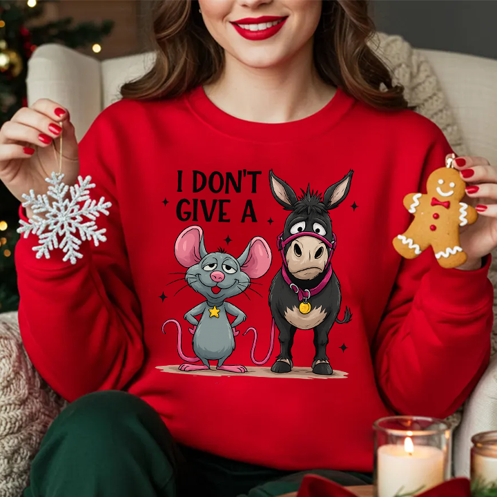 Crewneck Sweatshirt — "I Don't Give A" Cute Mouse & Donkey Graphic
