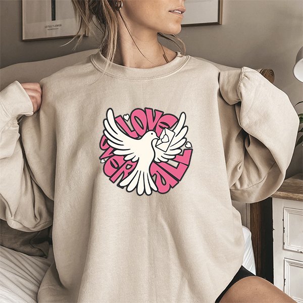 Crewneck Sweatshirt — "Love Over Violence" Dove Graphic