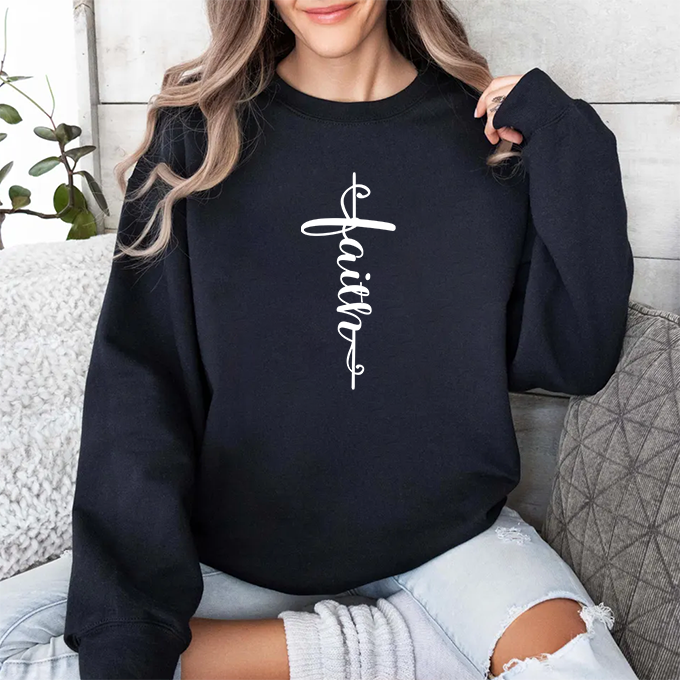Faith Vertical Script Crewneck Sweatshirt — Christian Inspirational Pullover