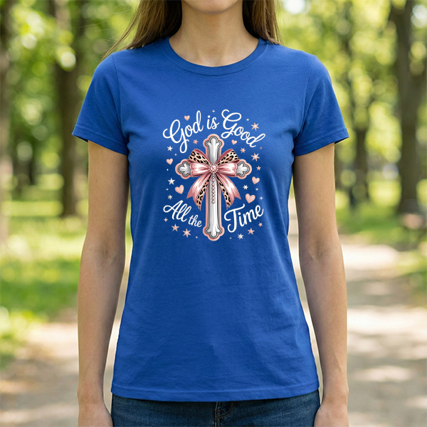 God Is Good All the Time T-Shirt — Pink Cross Christian Faith Tee