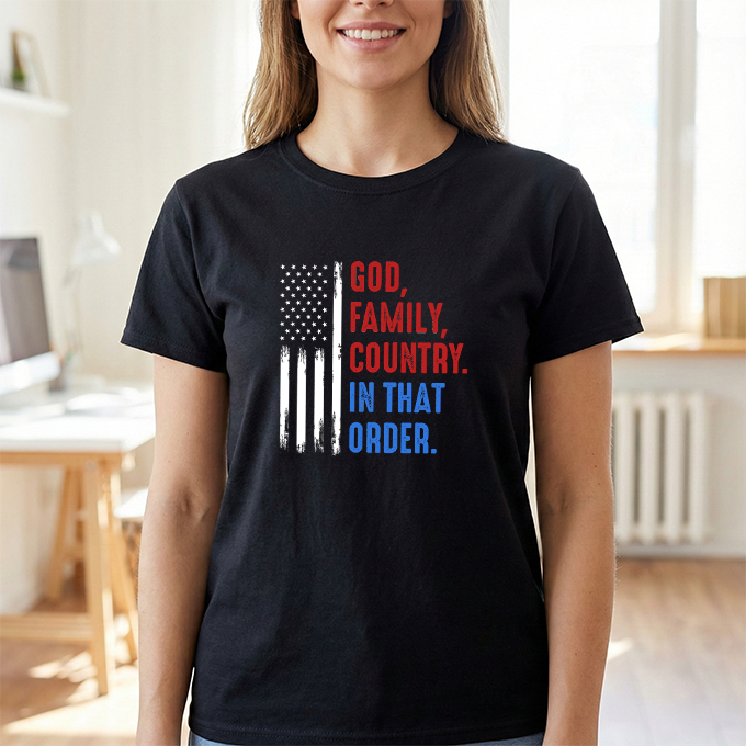 God, Family, Country T-Shirt — Patriotic American Flag Tee