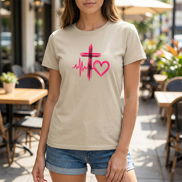 Faith & Heart T‑Shirt — Cross, Heartbeat & Heart Graphic Tee