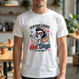 Hot Dogs Tee — "Serving Looks" Patriotic Skeleton BBQ T-Shirt