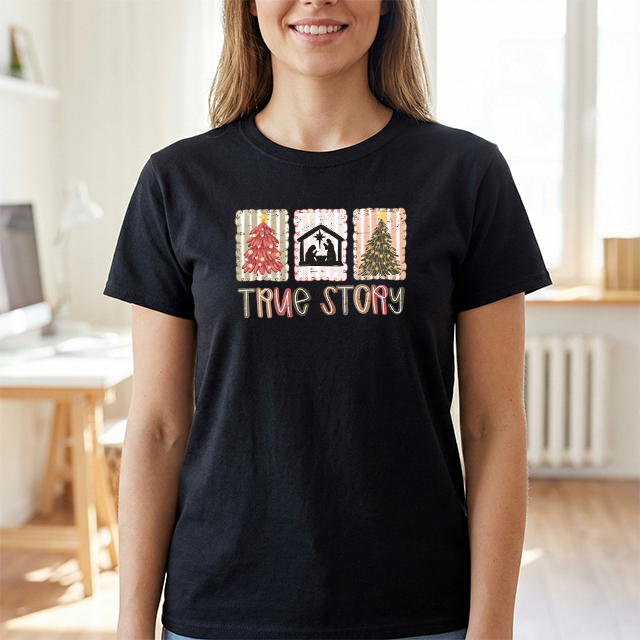 True Story Christmas Tee - Nativity & Festive Trees Holiday T-Shirt