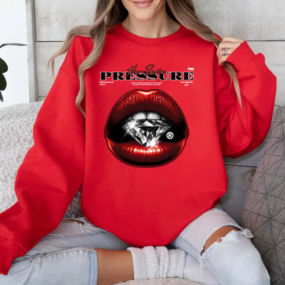 Crewneck Sweatshirt — 'Pressure' Red Lips Diamond Graphic