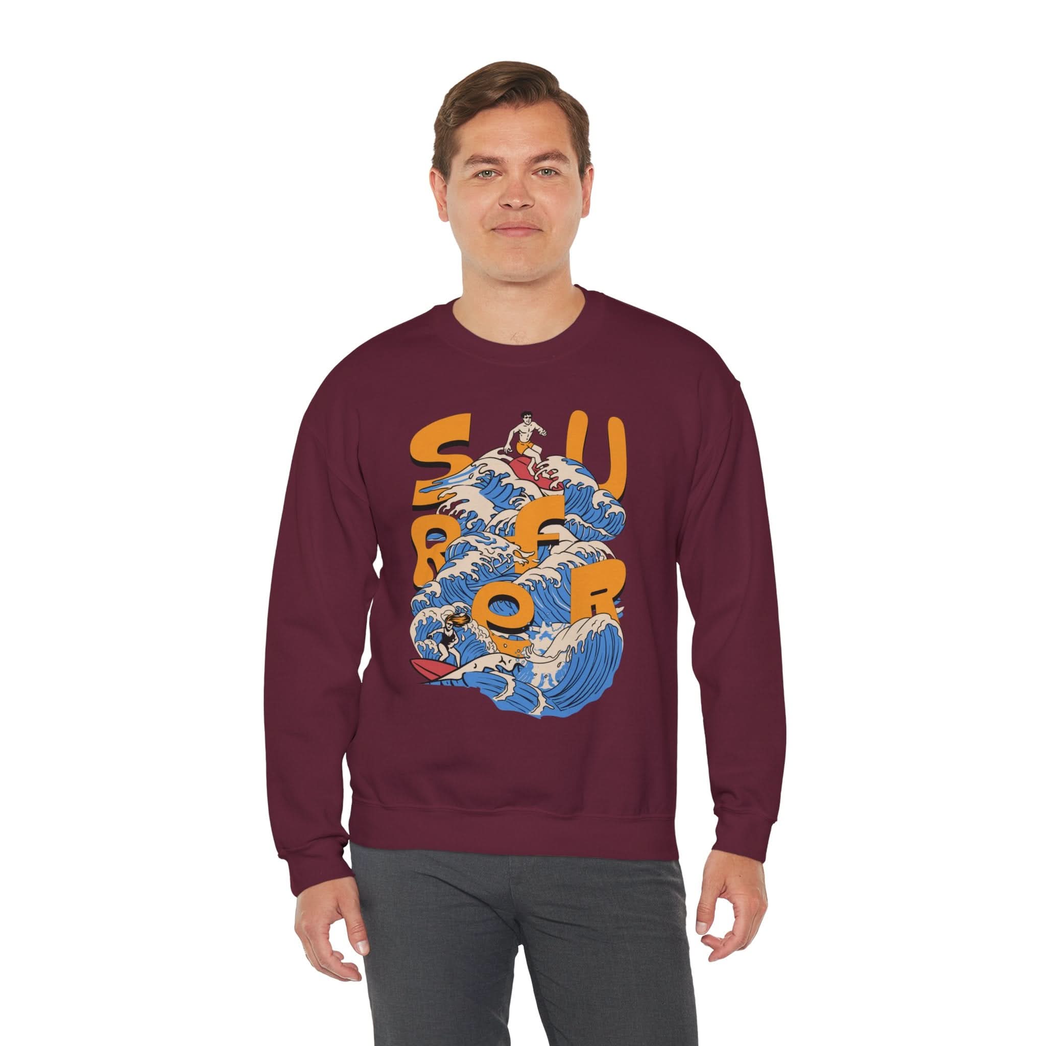 Surf-Inspired Unisex Crewneck Sweatshirt, Cozy Beachwear, Casual Ocean Vibe, Perfect for Surfing Lovers, Gift for Ocean Enthusiasts