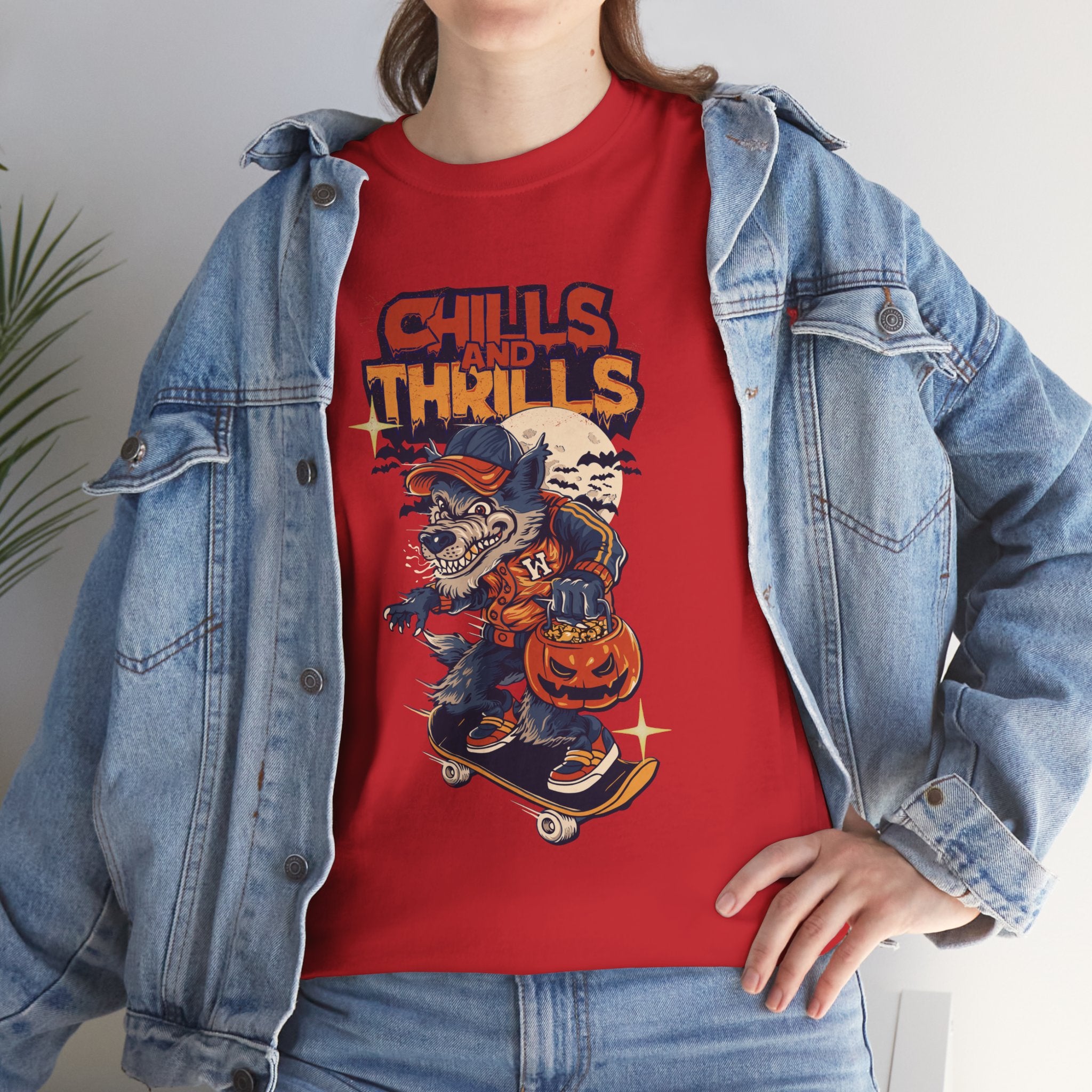 Halloween Skateboard Tee, Chills and Thrills Graphic T-Shirt, Unisex Cotton Shirt, Fall Fashion, Halloween Costume, Gift for Skaters