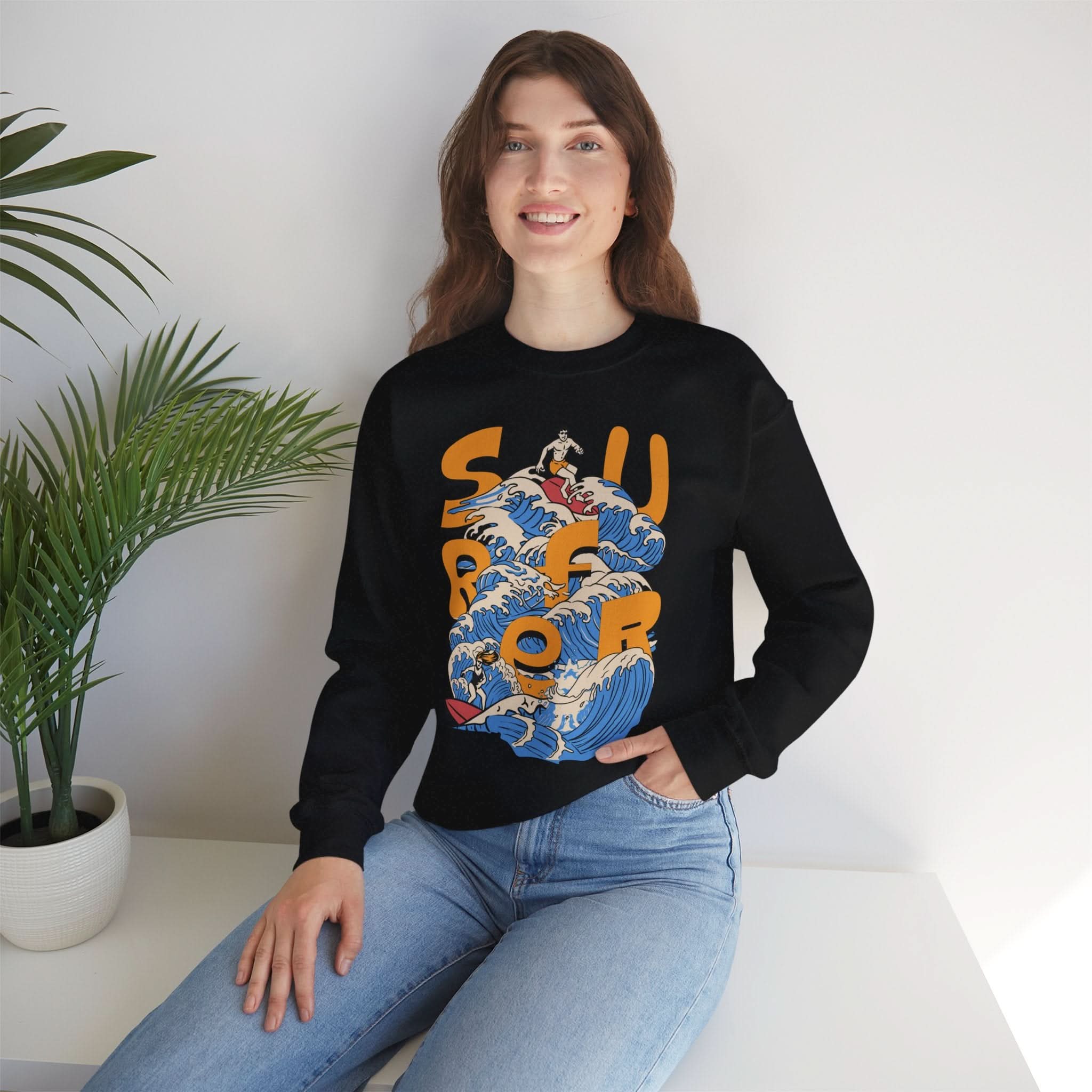Surf-Inspired Unisex Crewneck Sweatshirt, Cozy Beachwear, Casual Ocean Vibe, Perfect for Surfing Lovers, Gift for Ocean Enthusiasts