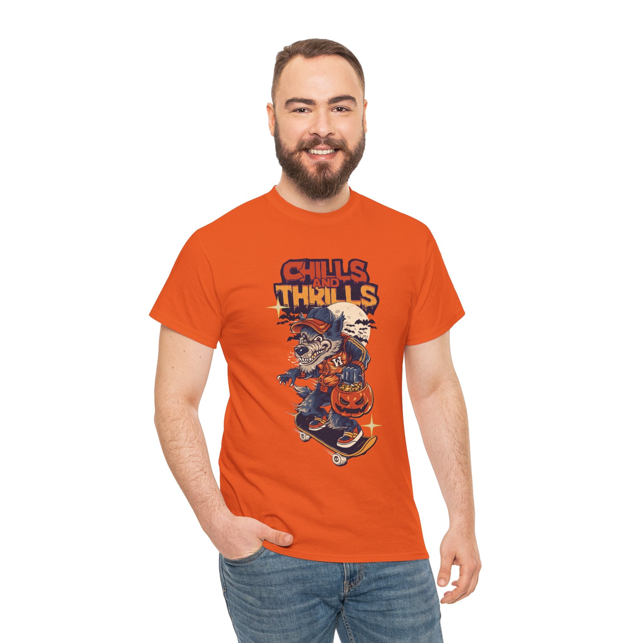 Halloween Skateboard Tee, Chills and Thrills Graphic T-Shirt, Unisex Cotton Shirt, Fall Fashion, Halloween Costume, Gift for Skaters