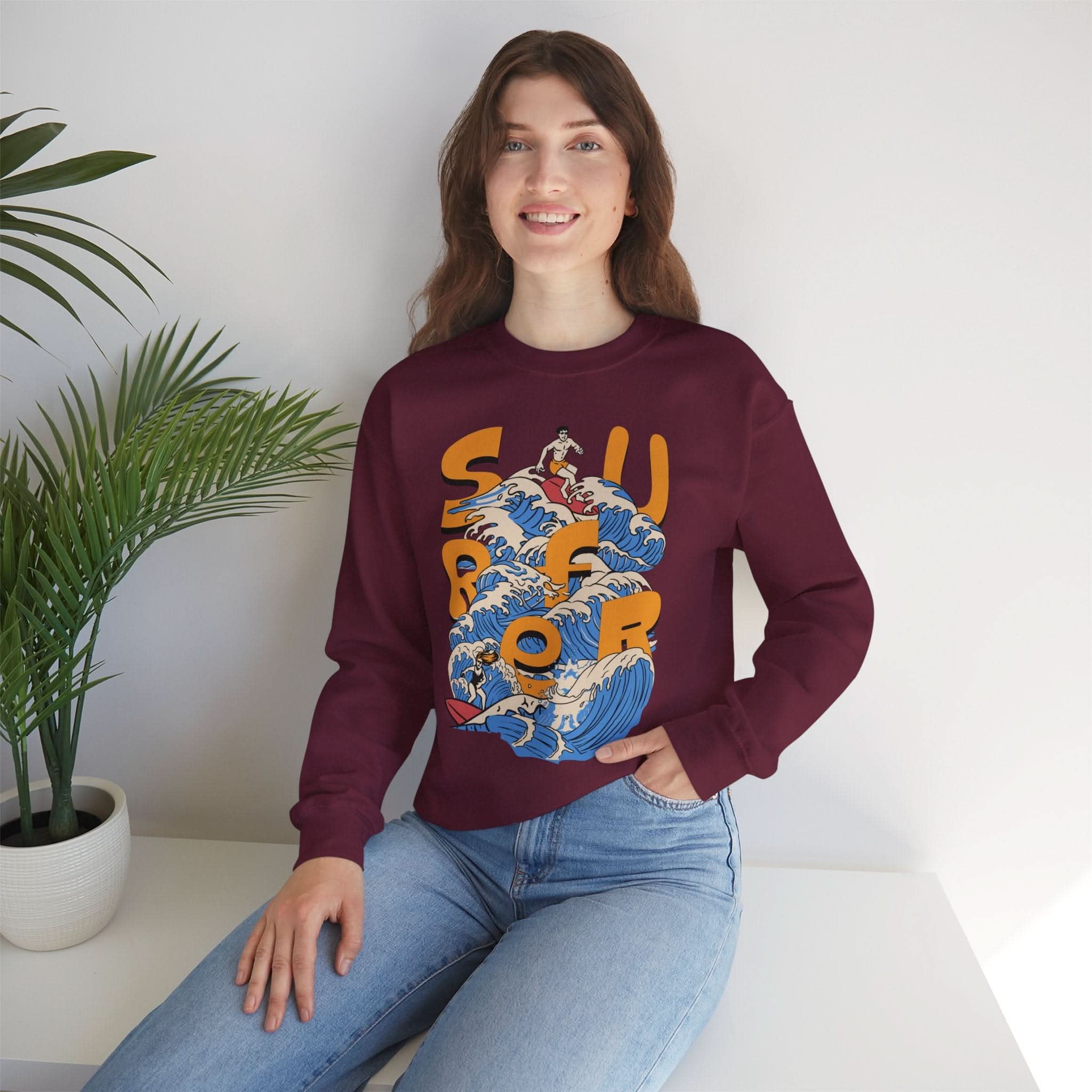 Surf-Inspired Unisex Crewneck Sweatshirt, Cozy Beachwear, Casual Ocean Vibe, Perfect for Surfing Lovers, Gift for Ocean Enthusiasts