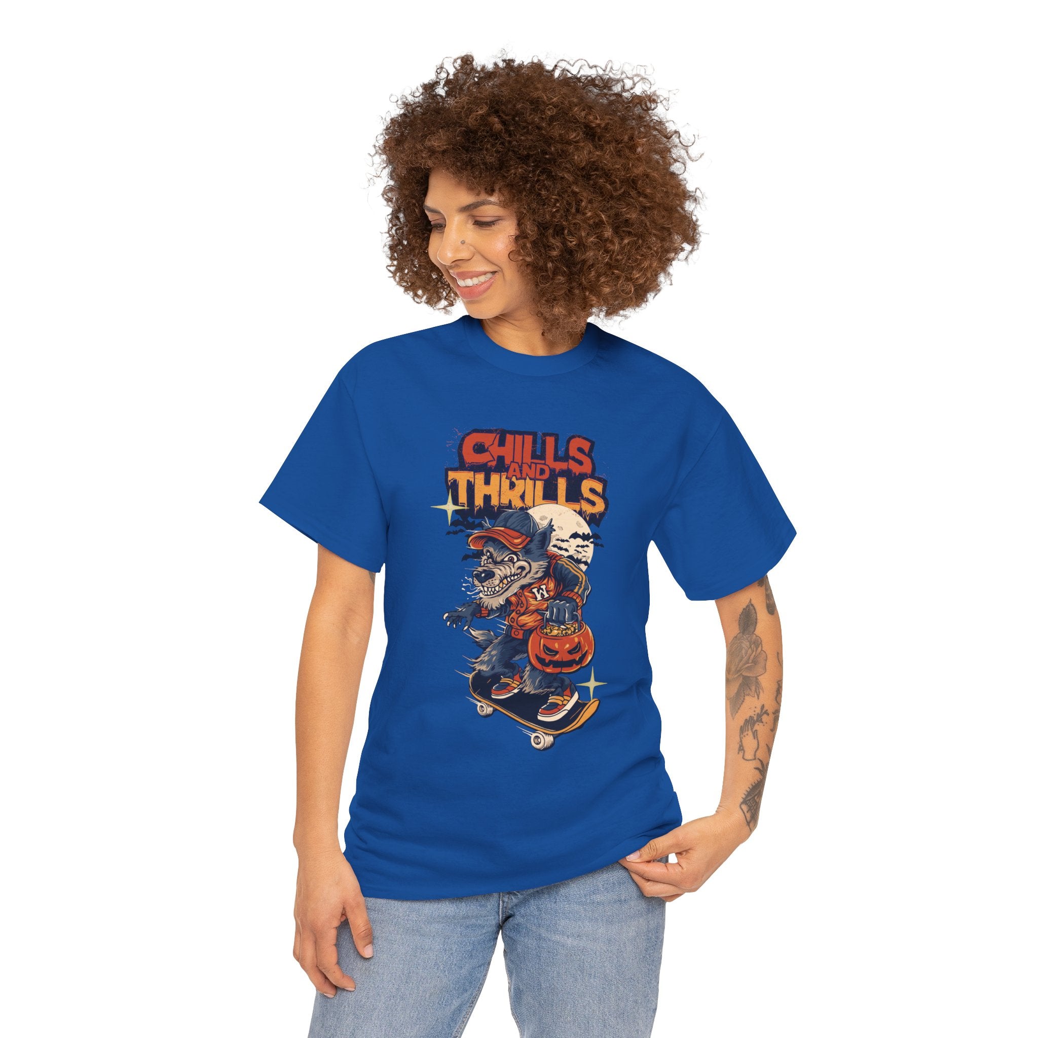 Halloween Skateboard Tee, Chills and Thrills Graphic T-Shirt, Unisex Cotton Shirt, Fall Fashion, Halloween Costume, Gift for Skaters
